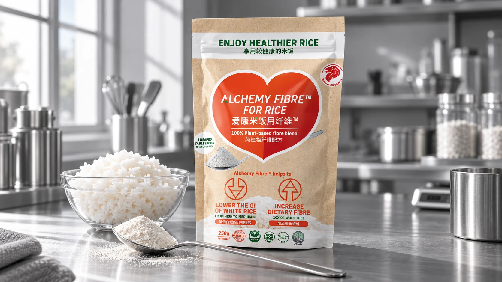 An Alchemy Fibre for Rice pouch, spoon of powder and glass rice bowl in a monochrome food-development kitchen.
