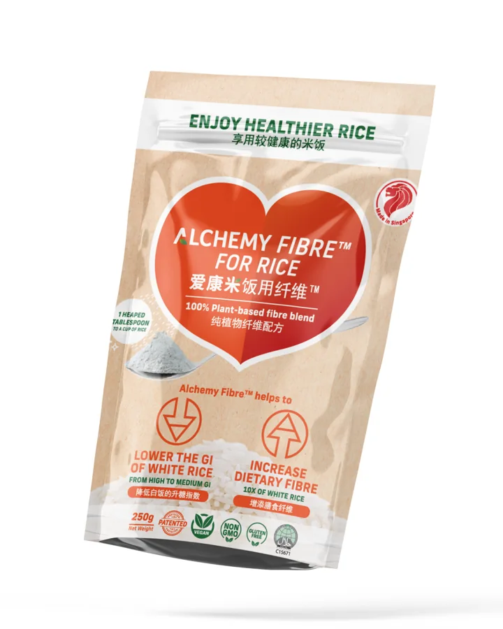 Alchemy Fibre for Rice packaging with an orange heart and green headings.