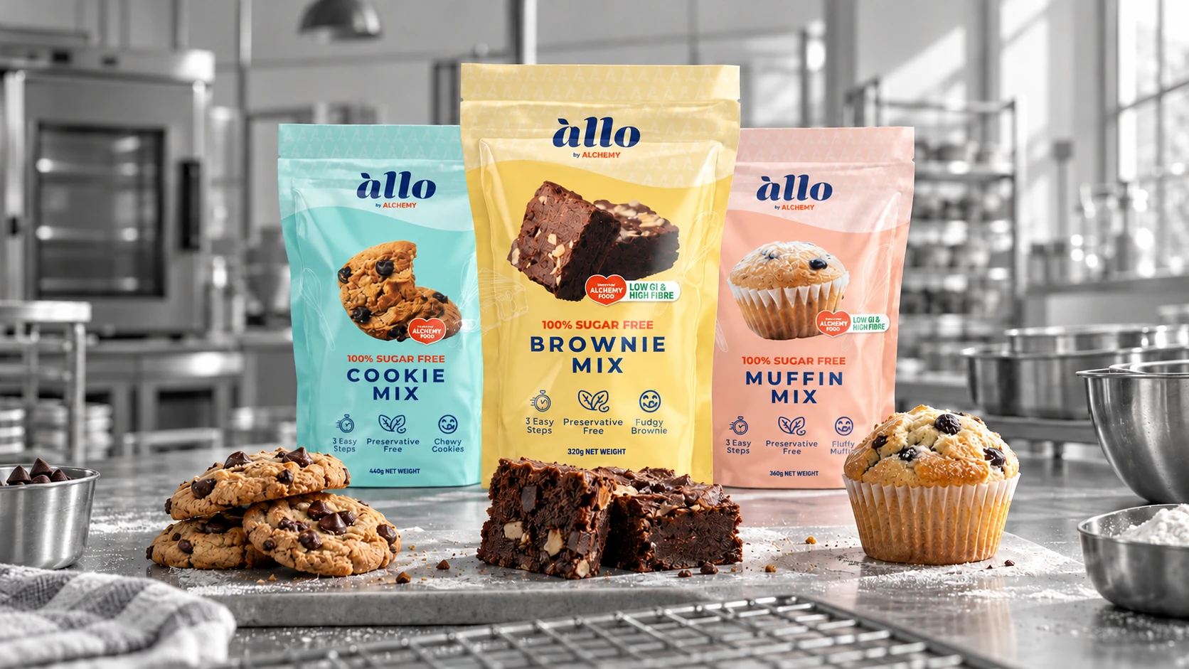 Pastel Allo by Alchemy baking premix pouches with cookies, brownies and a muffin in a monochrome bakery.