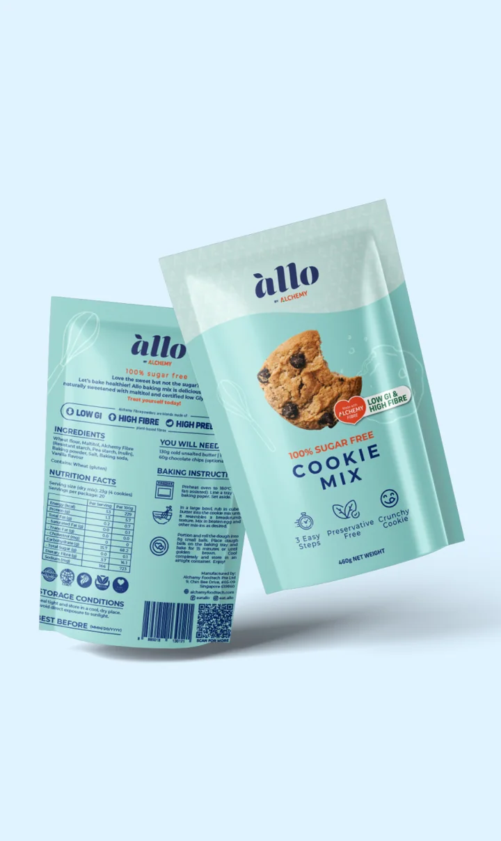 Front and back of the turquoise Allo cookie mix pack.