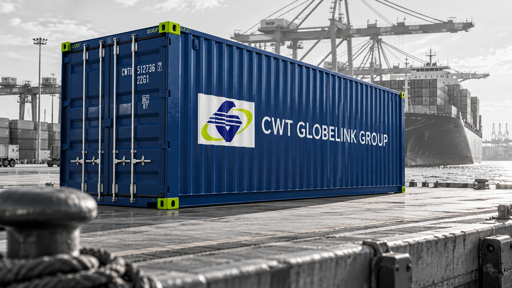 A navy CWT Globelink Group freight container with lime accents in a monochrome shipping port.