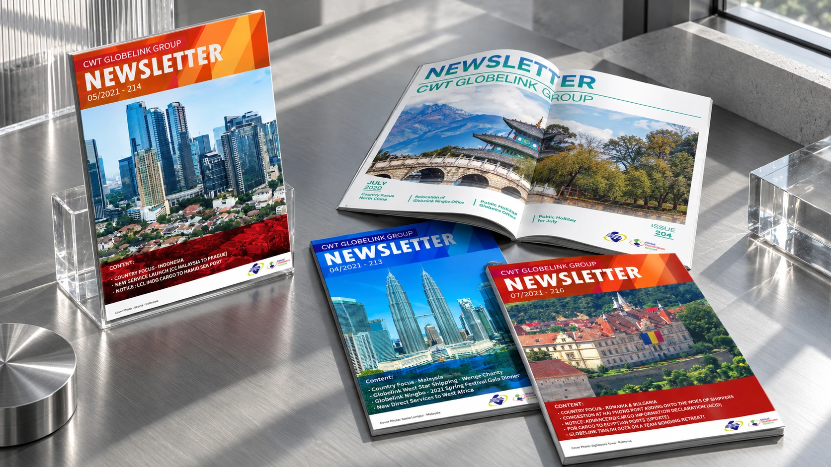 CWT Globelink newsletters and an open publication arranged on monochrome glass and metal platforms.