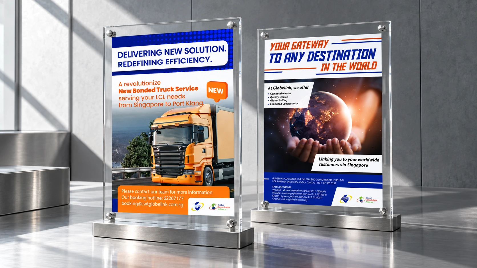 Two CWT Globelink service flyers in upright glass display frames.