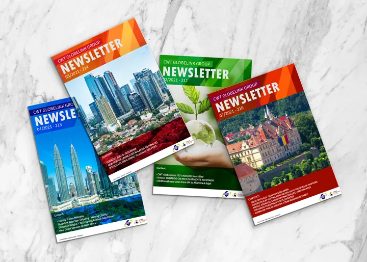 CWT Globelink newsletter covers featuring city and destination imagery.