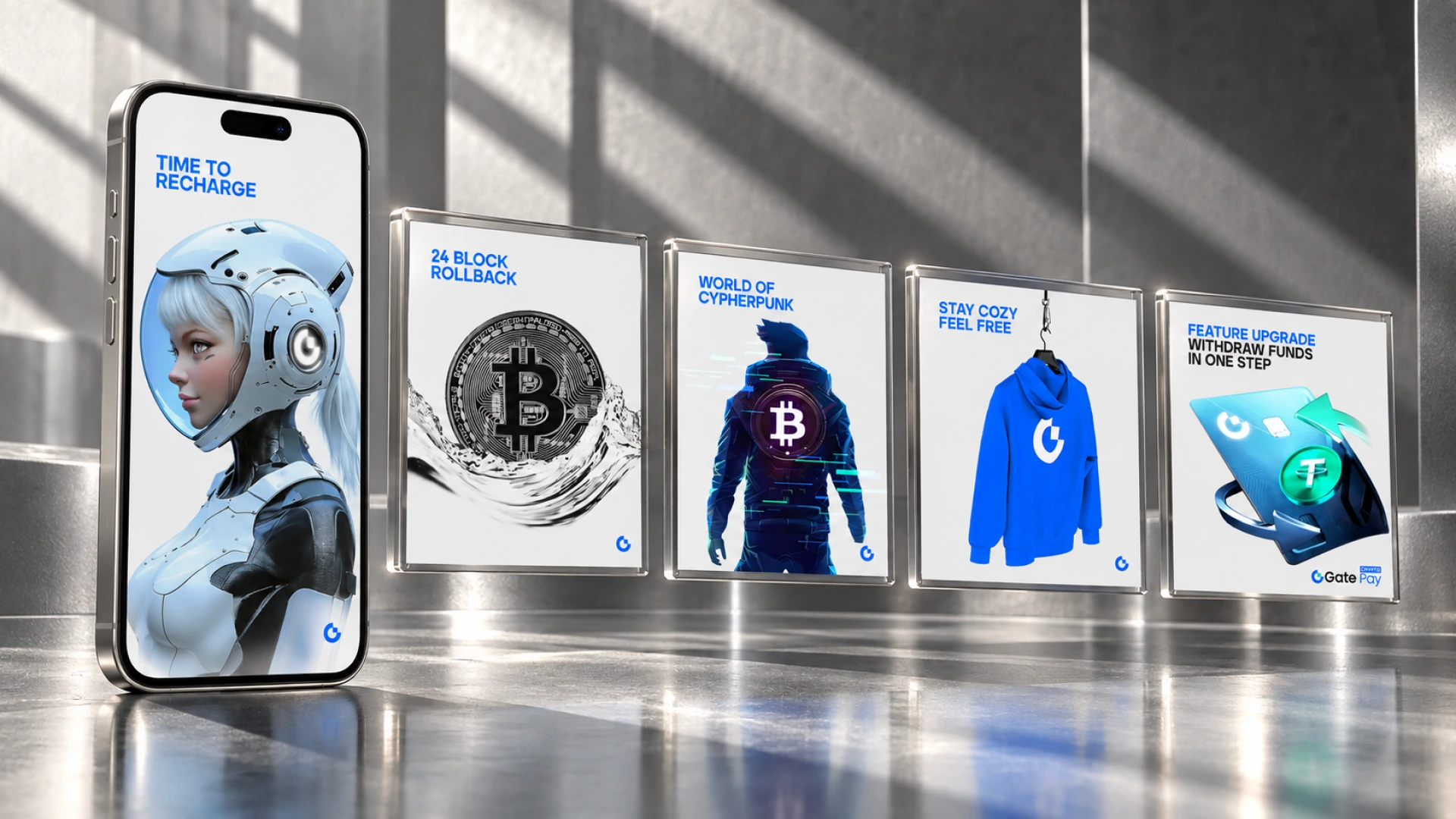A phone with a futuristic portrait stands beside four Gate product and crypto artwork panels on reflective silver plinths.