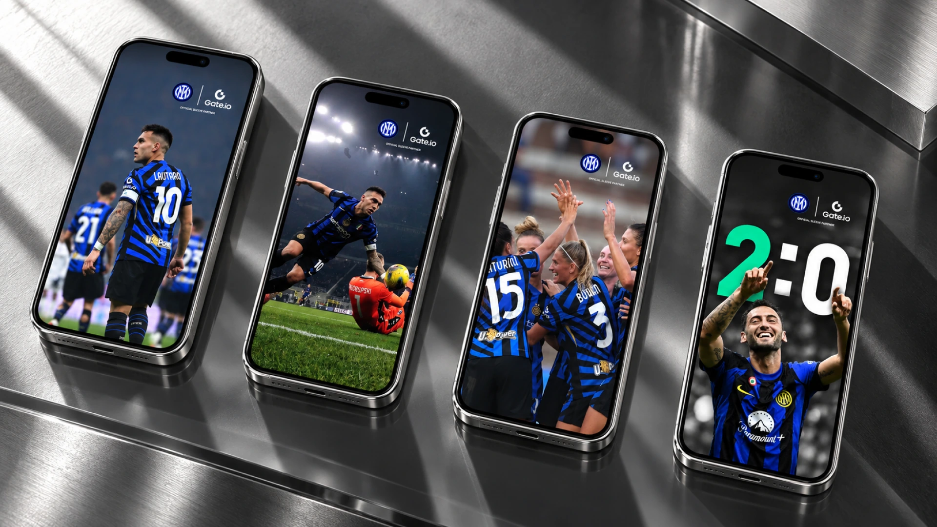 Four phones displaying Gate and Inter football artwork, arranged diagonally in a monochrome metallic studio.