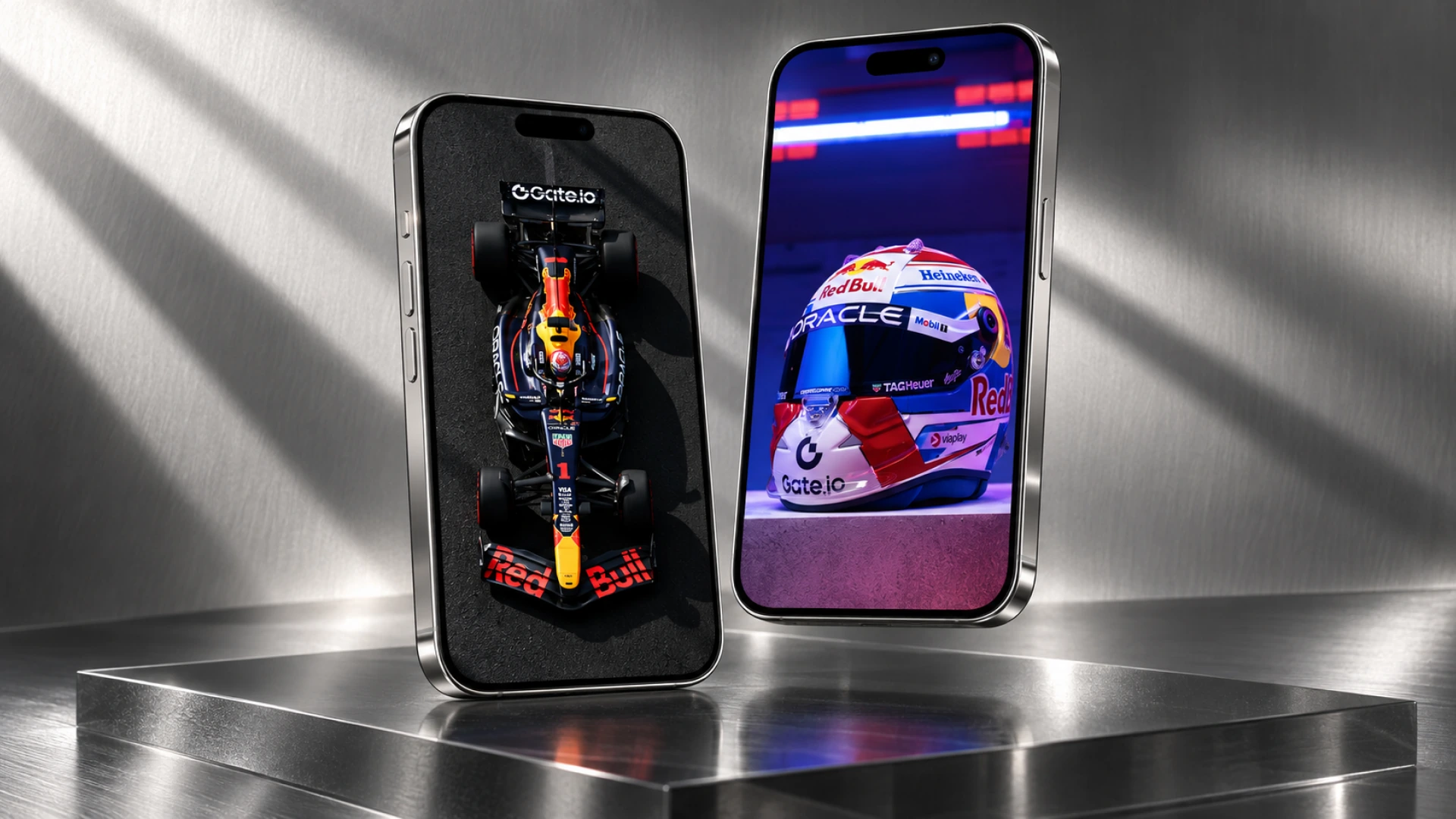 Two floating phones showing Gate motorsport artwork and a racing helmet above a reflective metal platform.