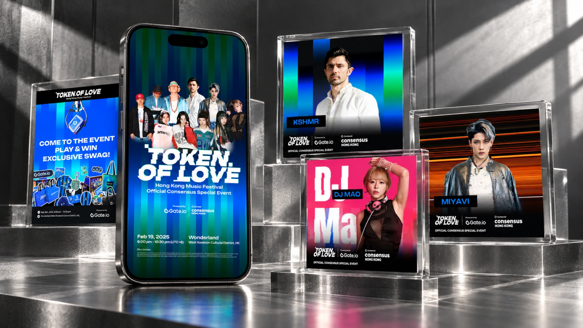 Token of Love campaign artwork on a central phone, surrounded by artist lineup panels in a glass and silver studio.
