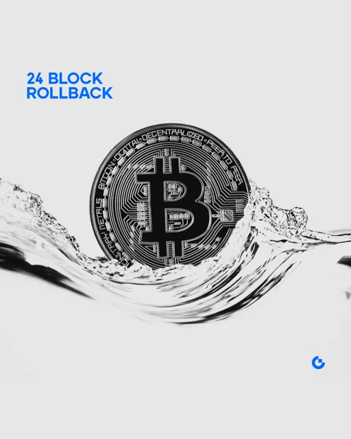 A silver Bitcoin coin and liquid form with the headline 24 block rollback.