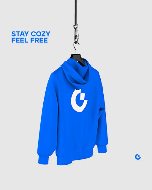 A blue Gate hoodie with the words Stay cozy, feel free.