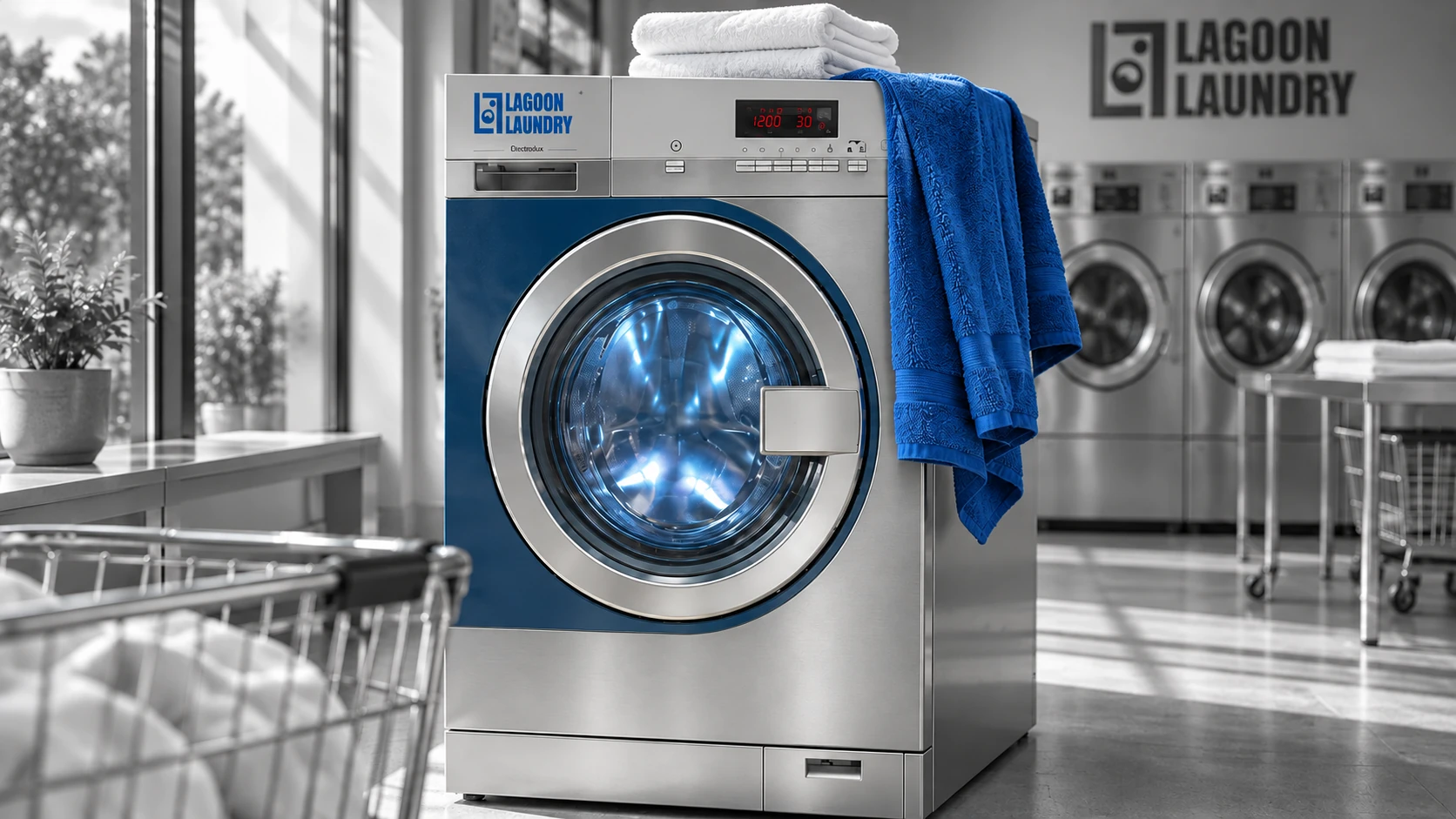 A blue and silver Lagoon Laundry washing machine and blue towel in a sunlit monochrome laundrette.