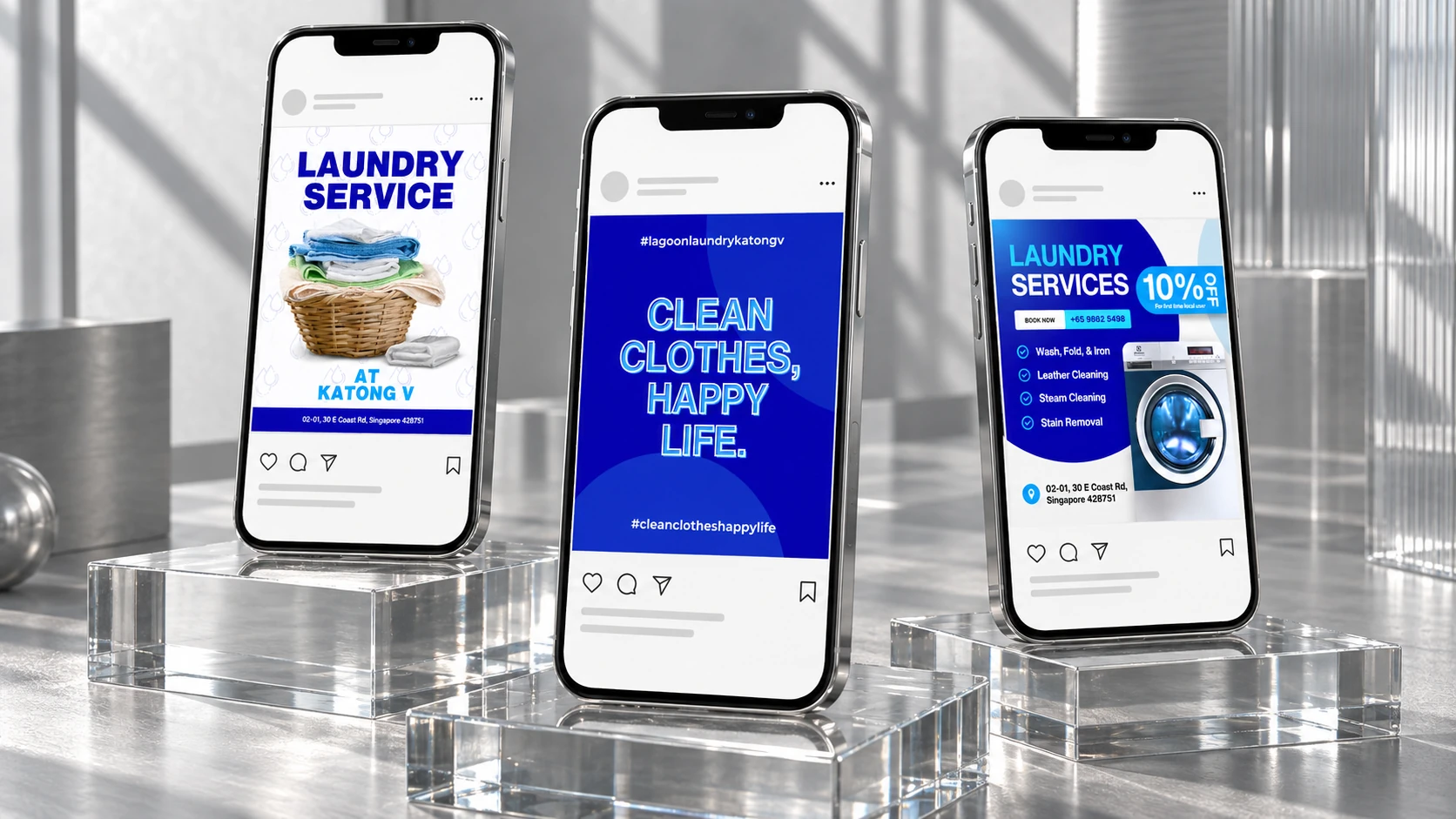 Three phones displaying Lagoon Laundry social posts on transparent glass plinths.