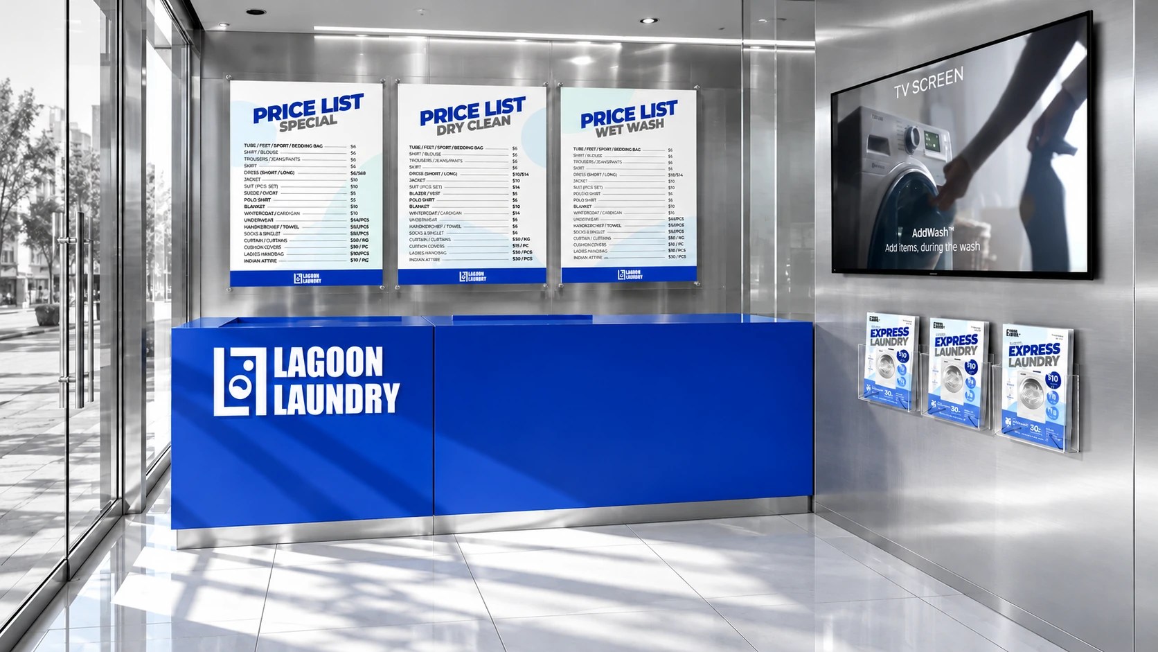 A blue Lagoon Laundry reception counter with price-list panels and a screen in a monochrome store interior.