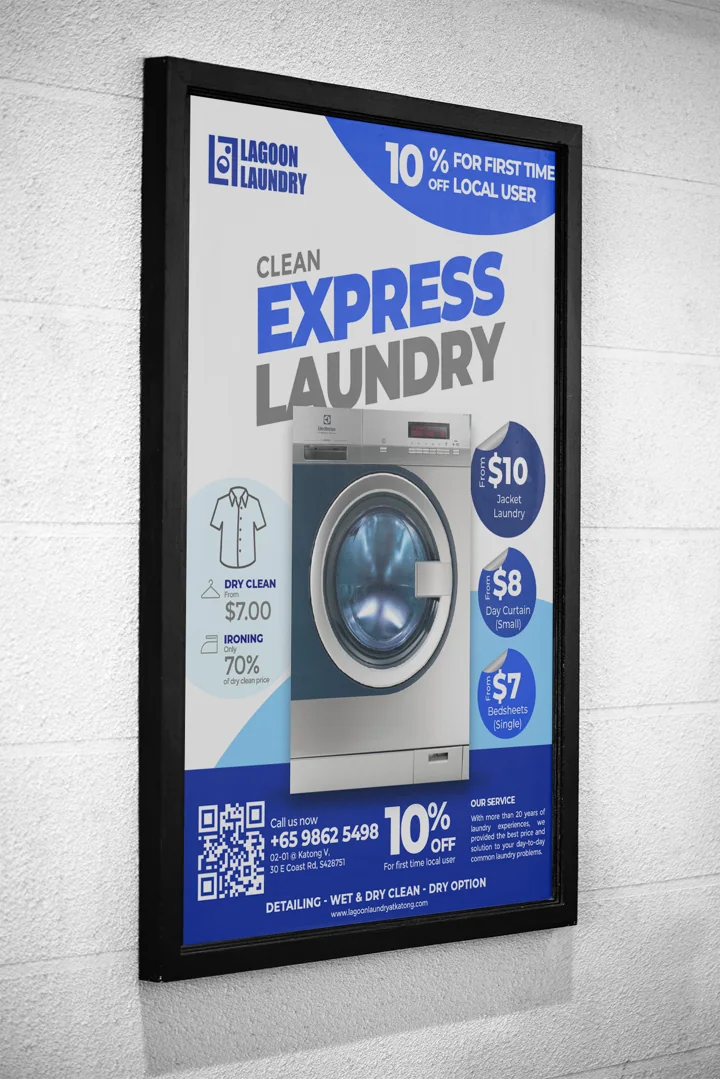 Express Laundry poster featuring the blue brand identity and washing machine.