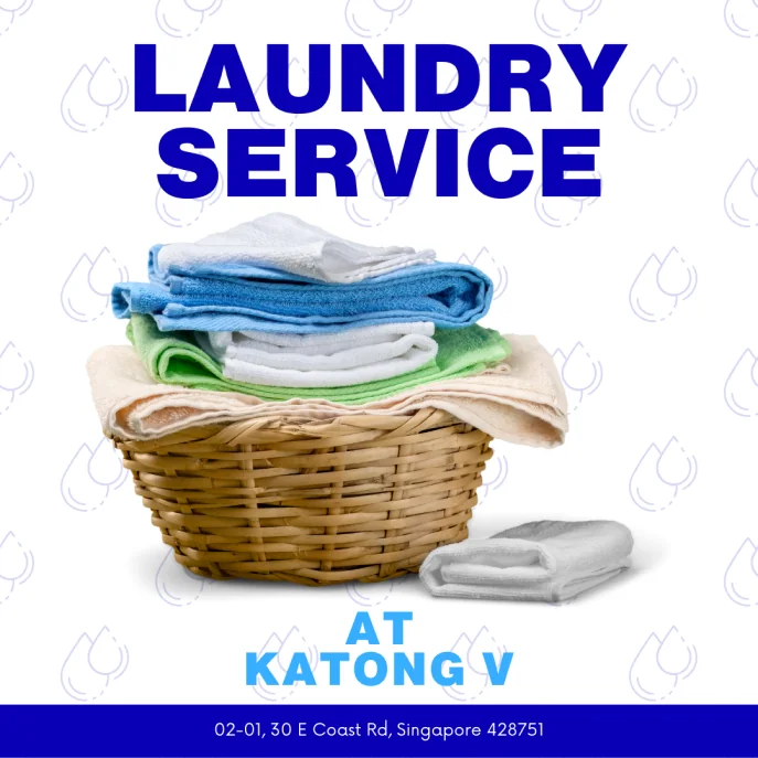 Blue-and-white laundry service campaign with folded clothes in a basket.