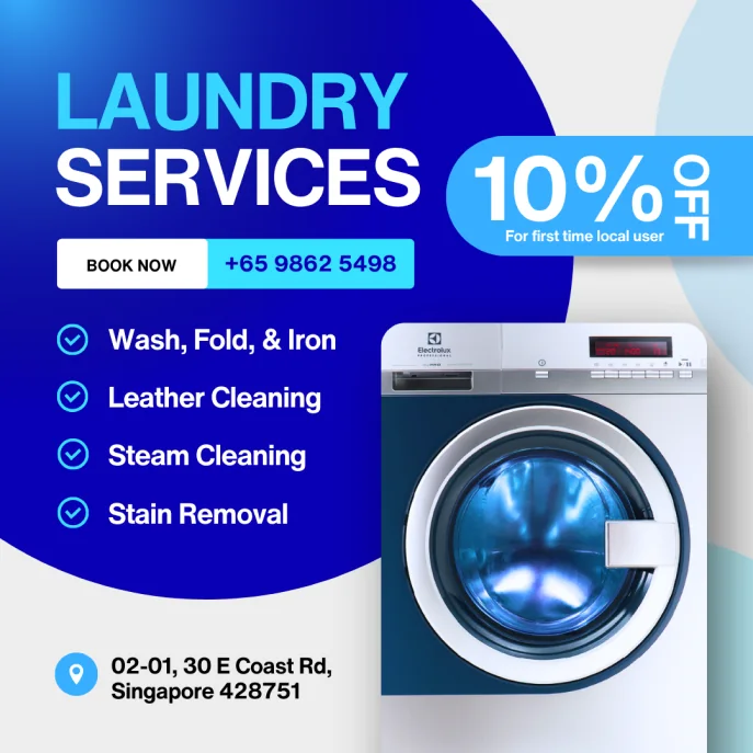 Laundry service promotion featuring a washing machine and service details.