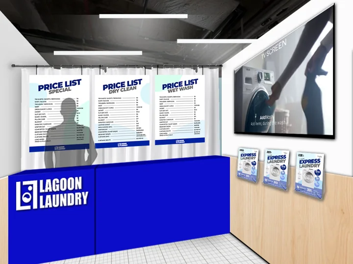 Lagoon Laundry counter design with blue branding and service displays.