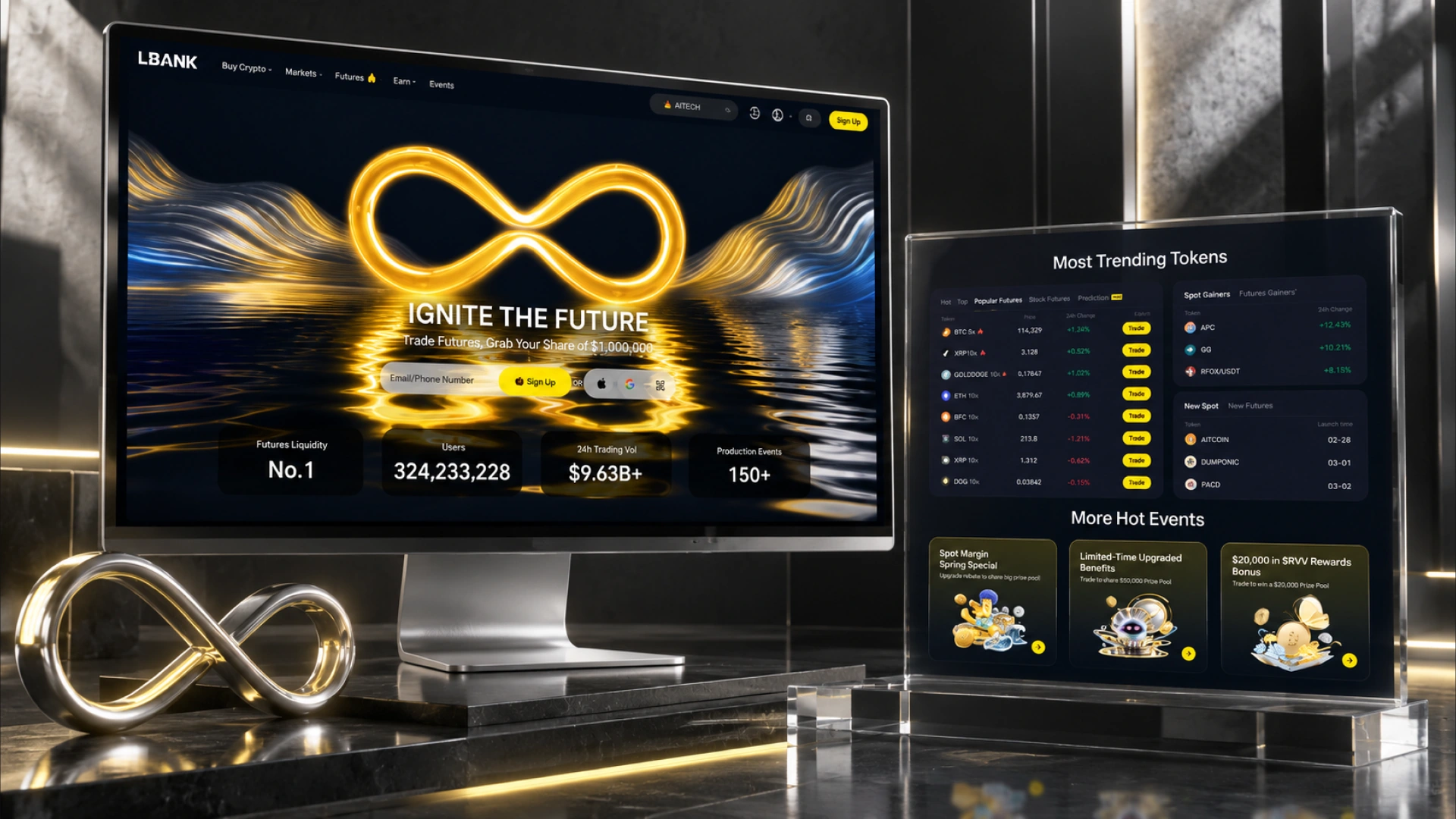 LBank homepage and trading content displayed on two screens in a charcoal studio with glass plinths and a metallic infinity symbol.