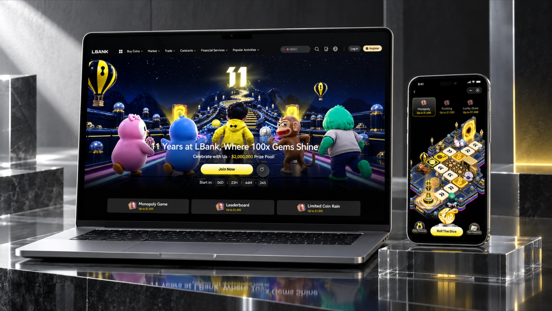 LBank anniversary campaign shown on a silver laptop and a phone above clear glass plinths.