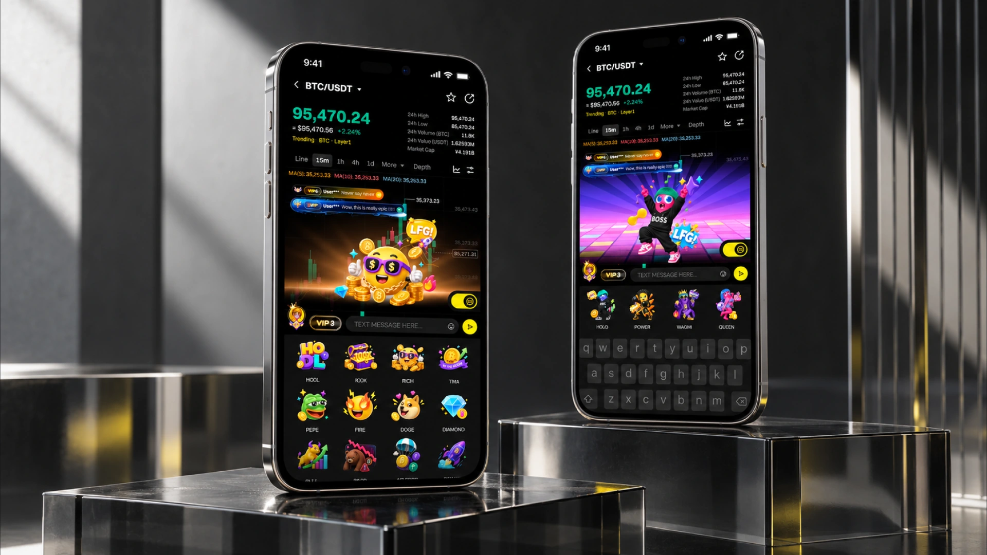 Two phones displaying LBank trading, community messaging and expressive character features in a glass and metal studio.