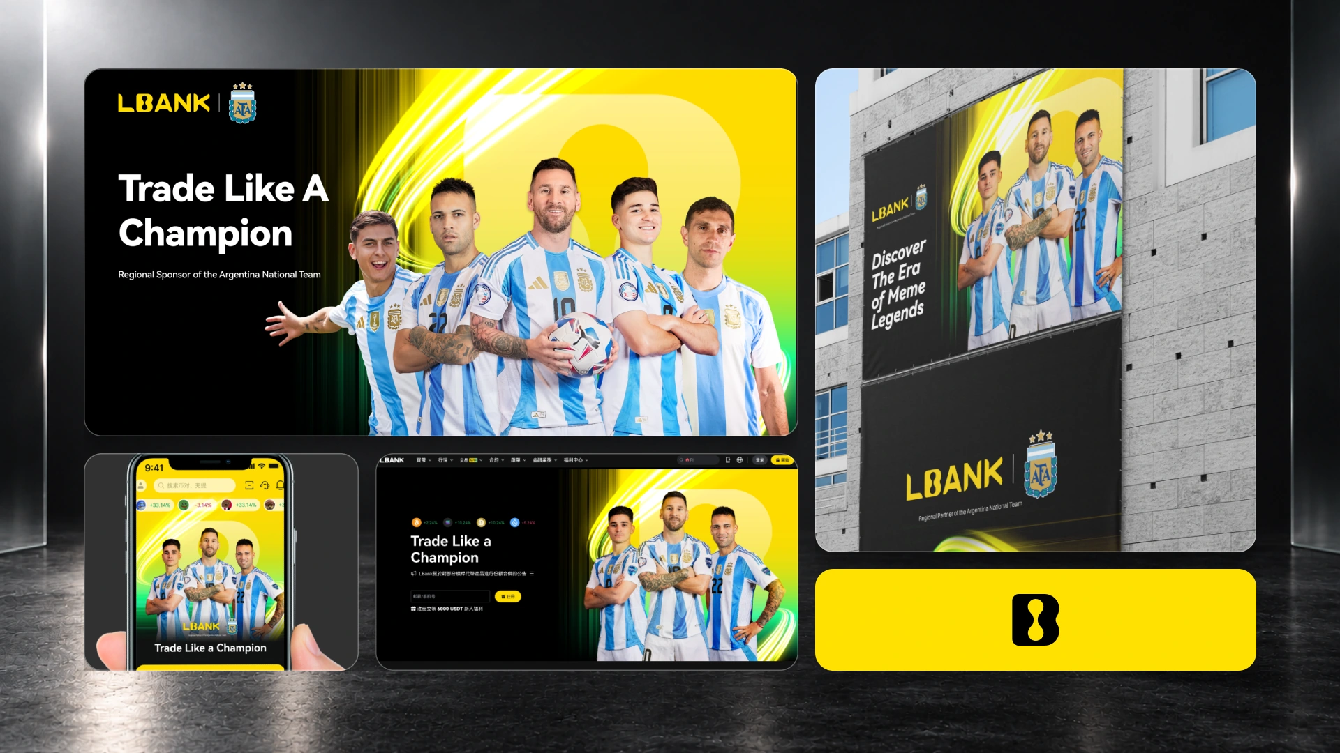 LBank and Argentina football partnership artwork arranged as rounded campaign, mobile, website and outdoor panels on a charcoal background.