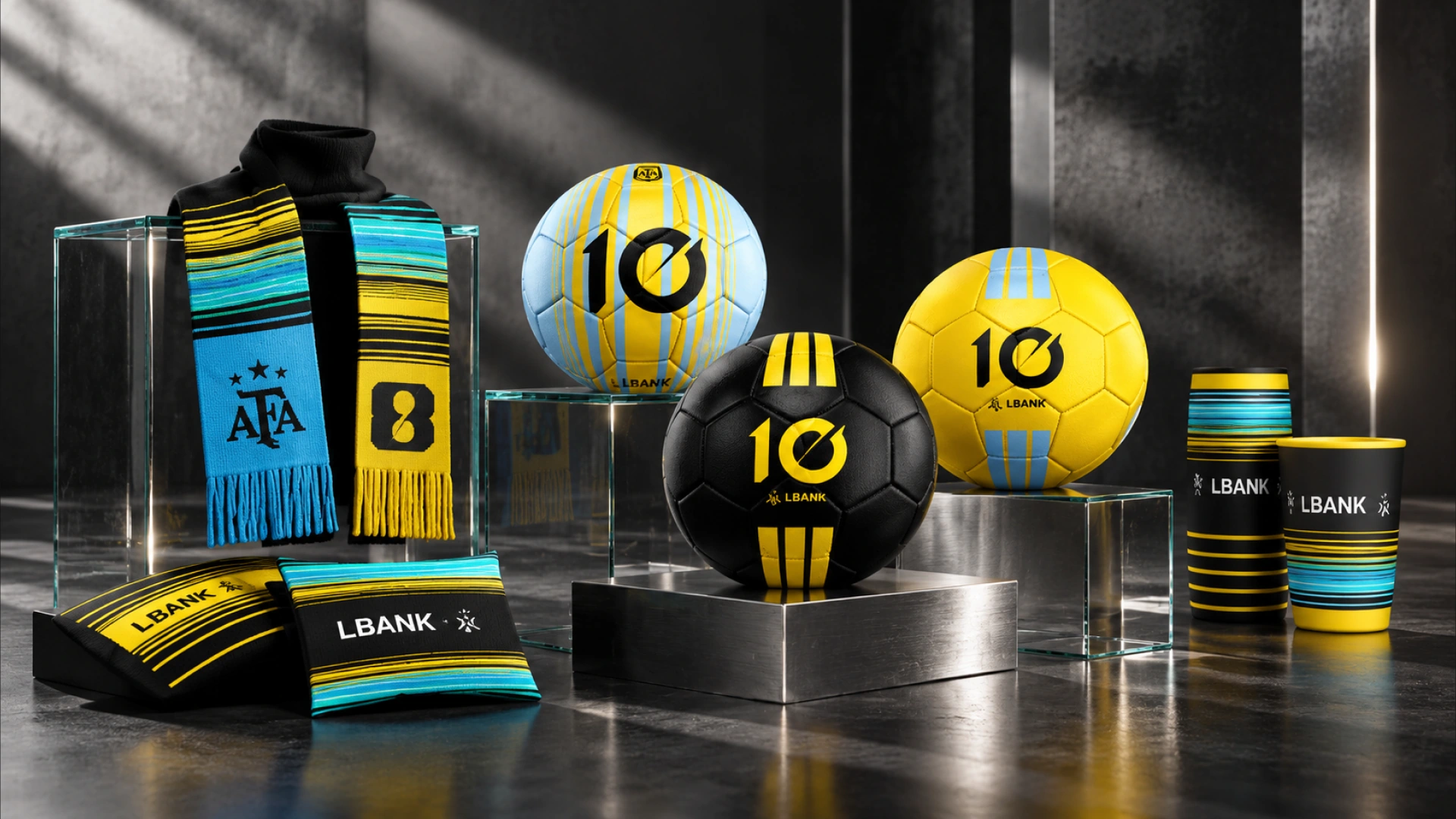 Concept LBank partnership scarves, drinkware and footballs arranged on glass and metal platforms.