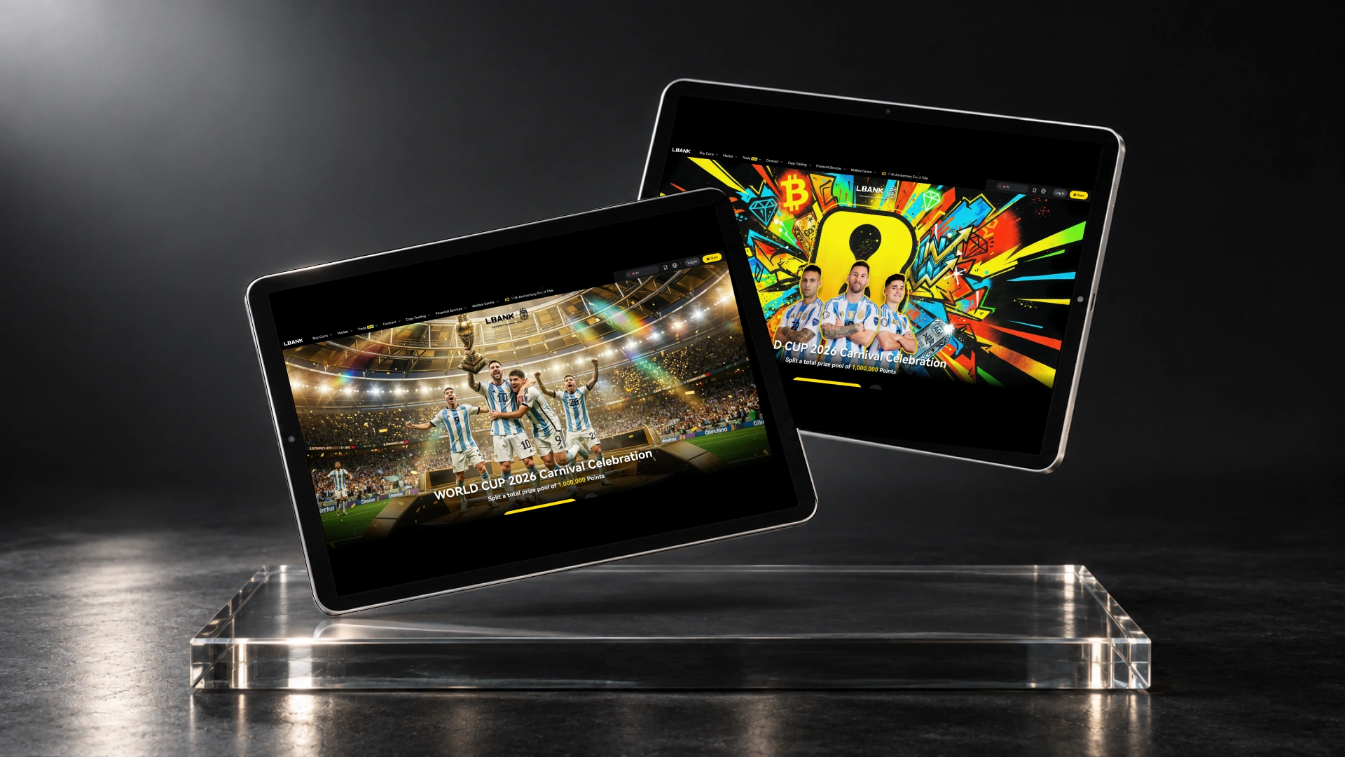 Two floating iPads presenting contrasting LBank football event concepts above an optical glass plinth.