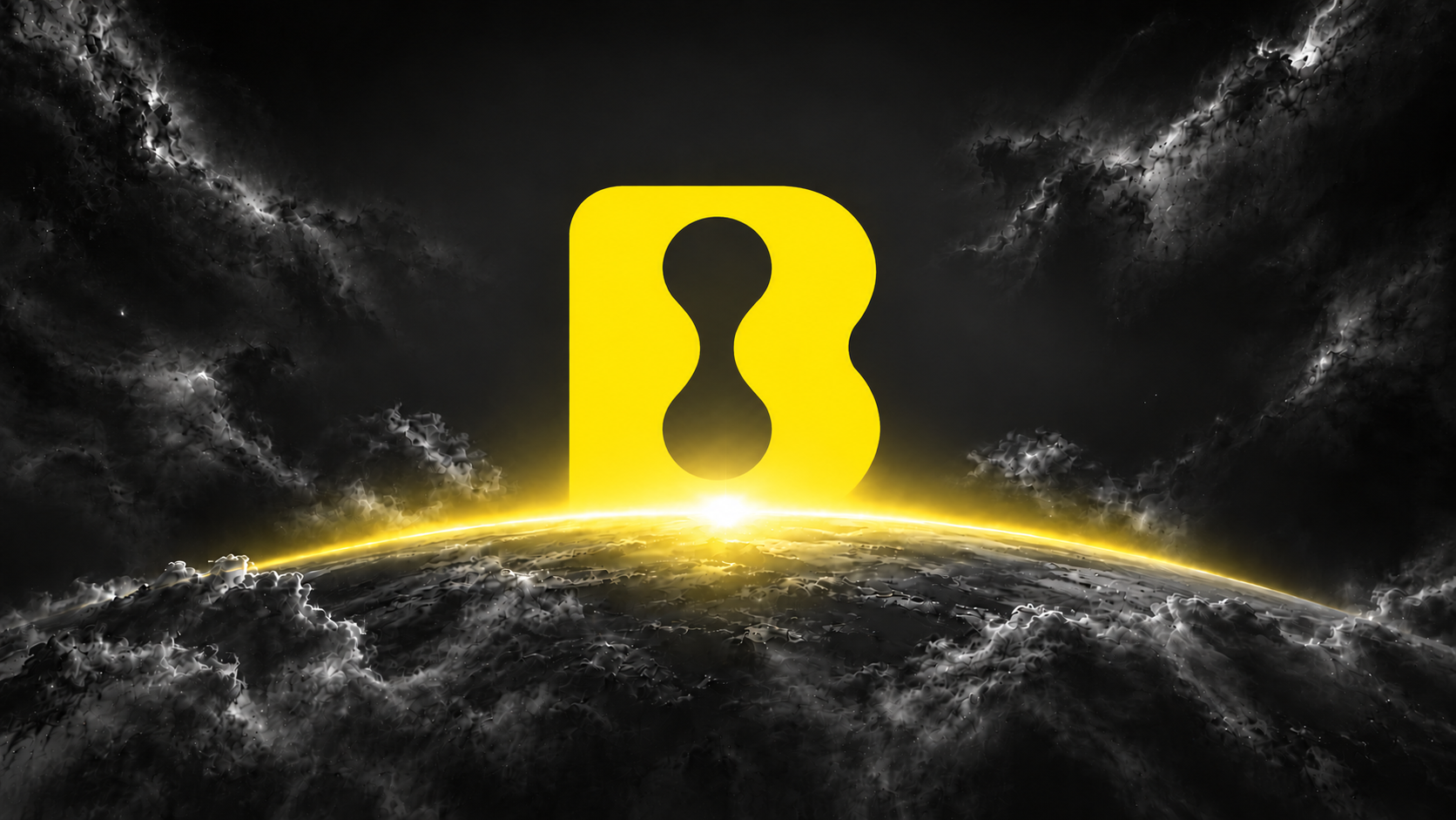 The yellow LBank B icon rising behind a glowing yellow horizon, with its base hidden by the sunrise amid charcoal-grey clouds and black space.