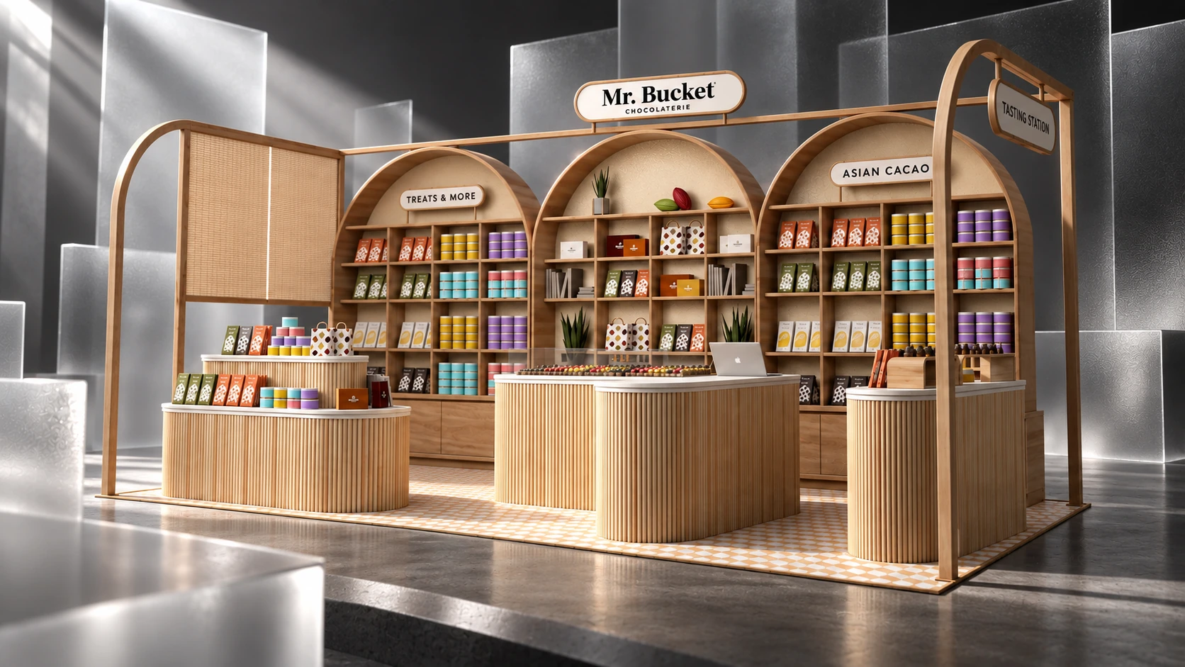 Mr. Bucket retail booth with arched shelving and fluted timber counters.