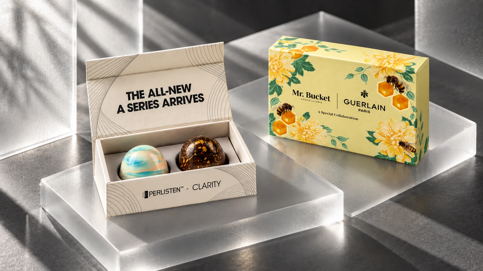 Two-piece bon bon boxes with customised illustrated sleeves.