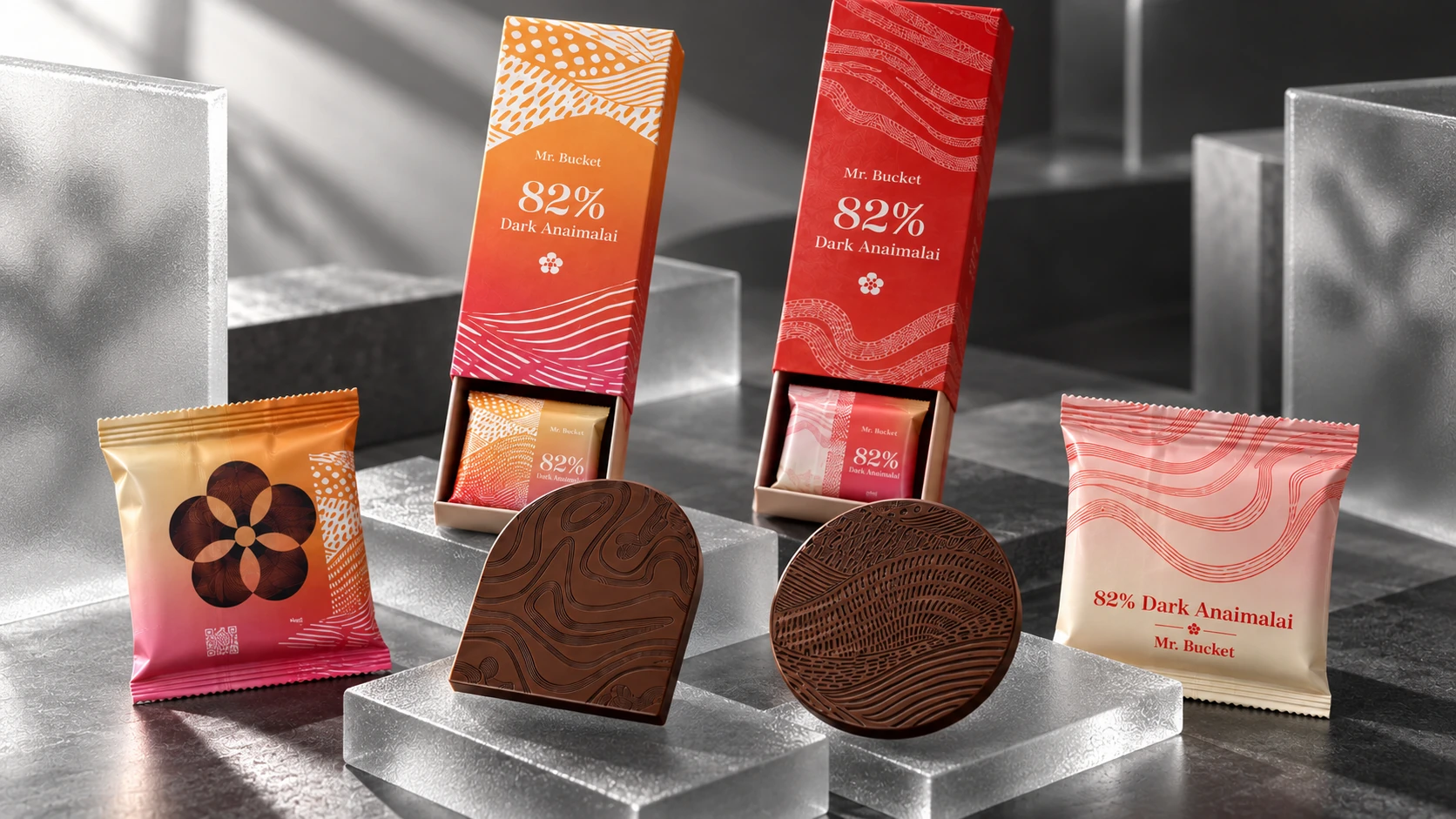 Textured chocolate tablets with orange and red drawer boxes and packets.