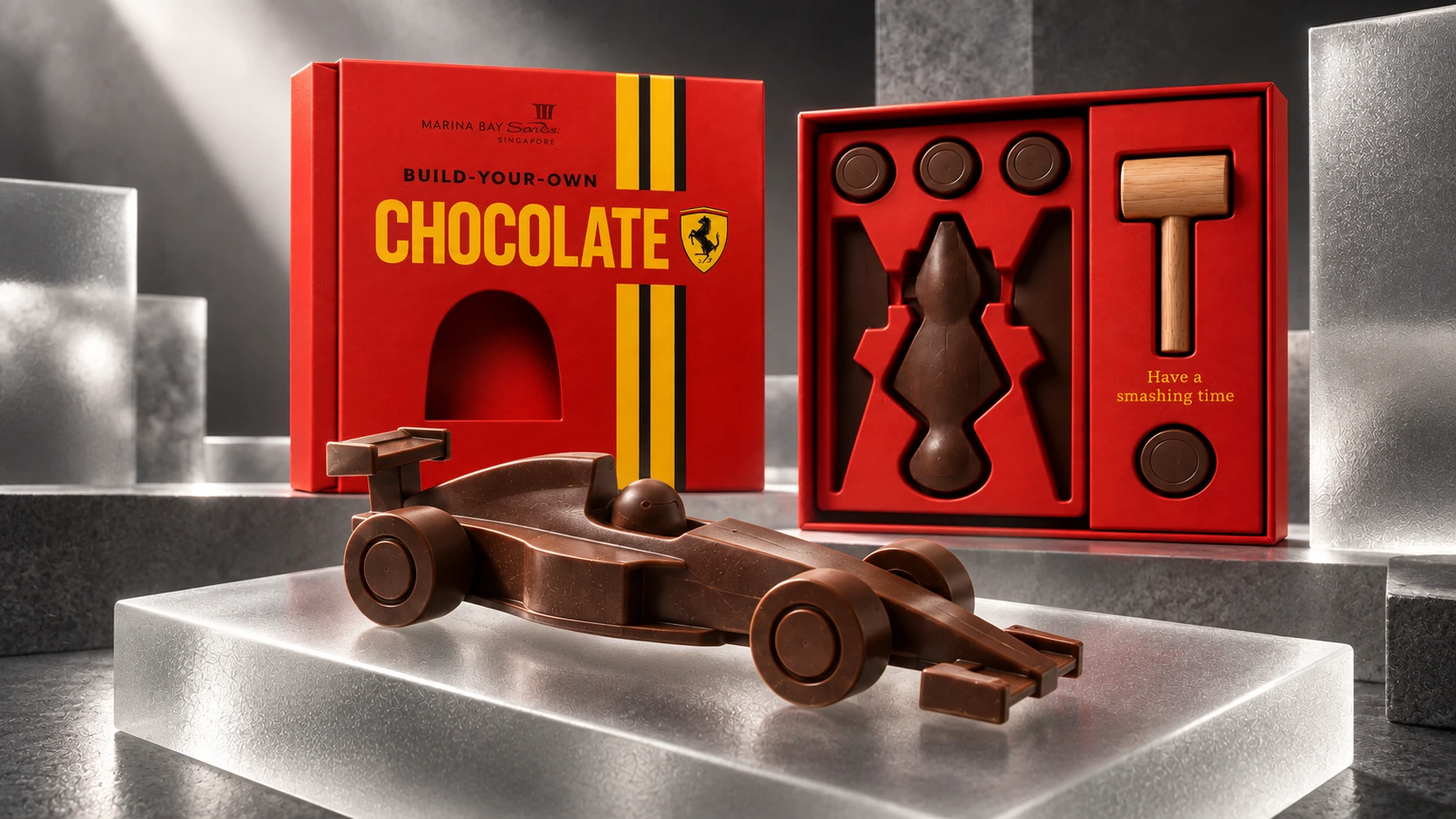 Custom chocolate gift box with red packaging and chocolate shapes on glass plinths.