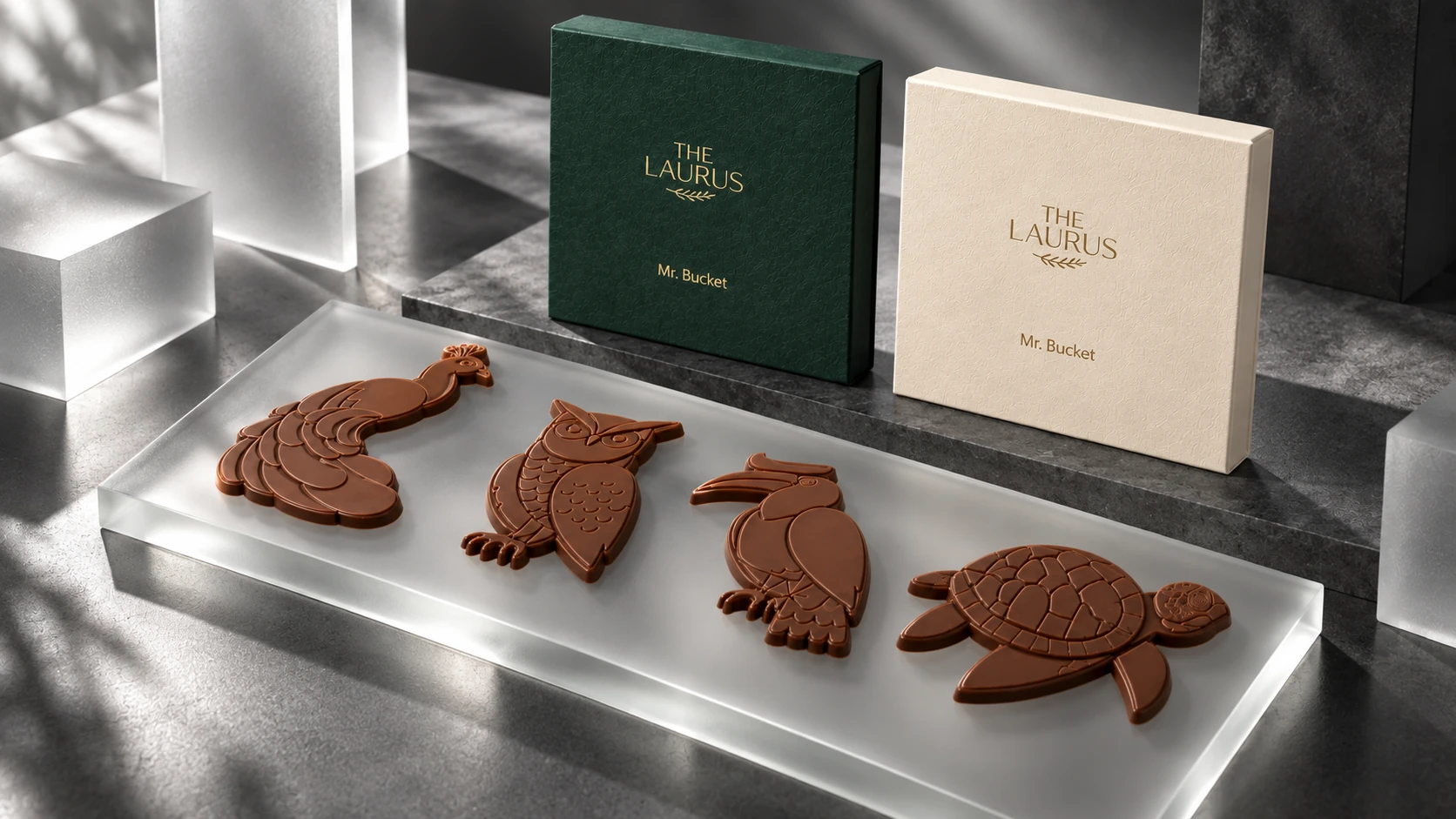 Animal-shaped chocolate reliefs beside green and cream Laurus gift boxes.