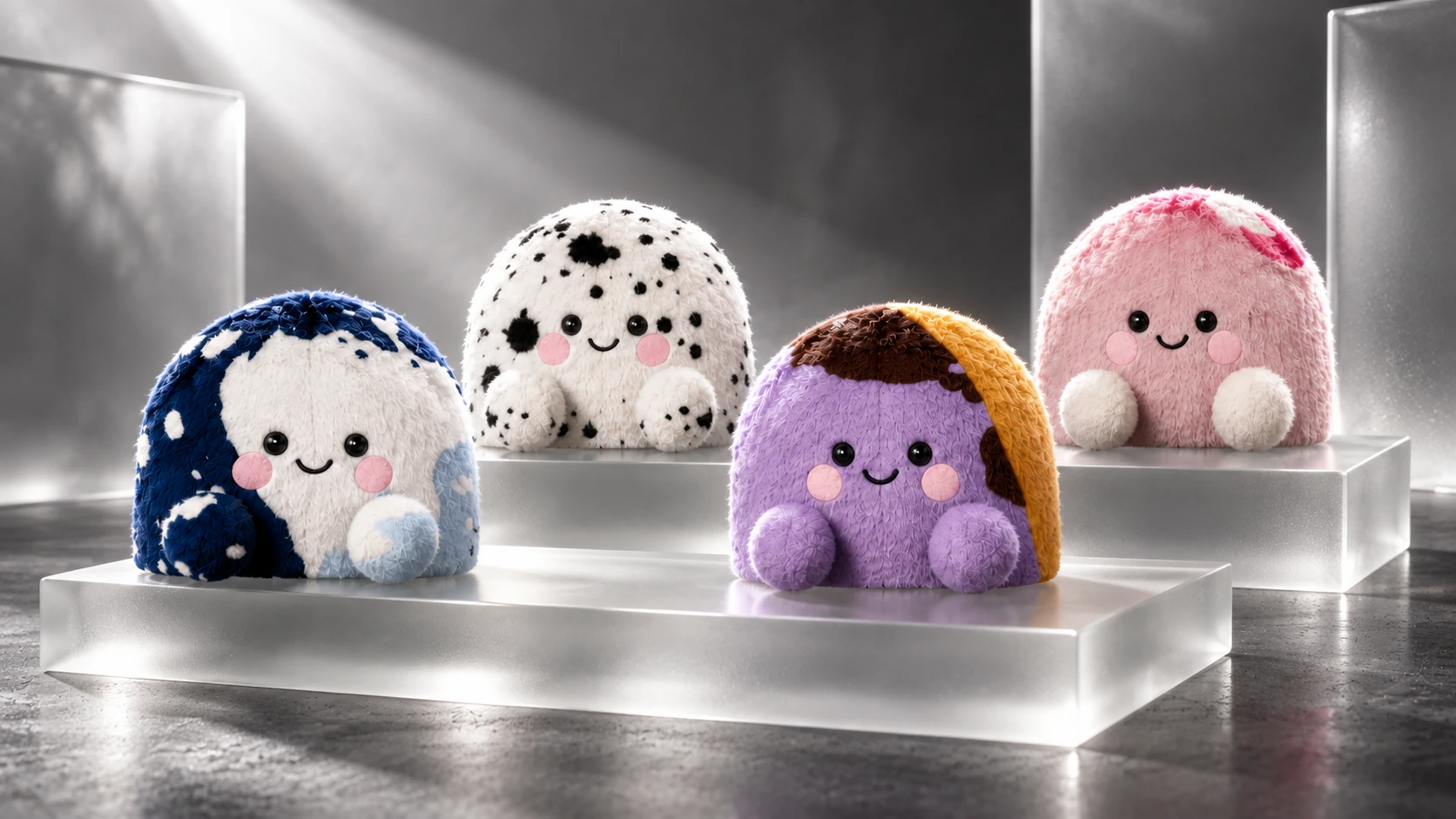 Four colourful bon bon plush characters presented on translucent glass steps.