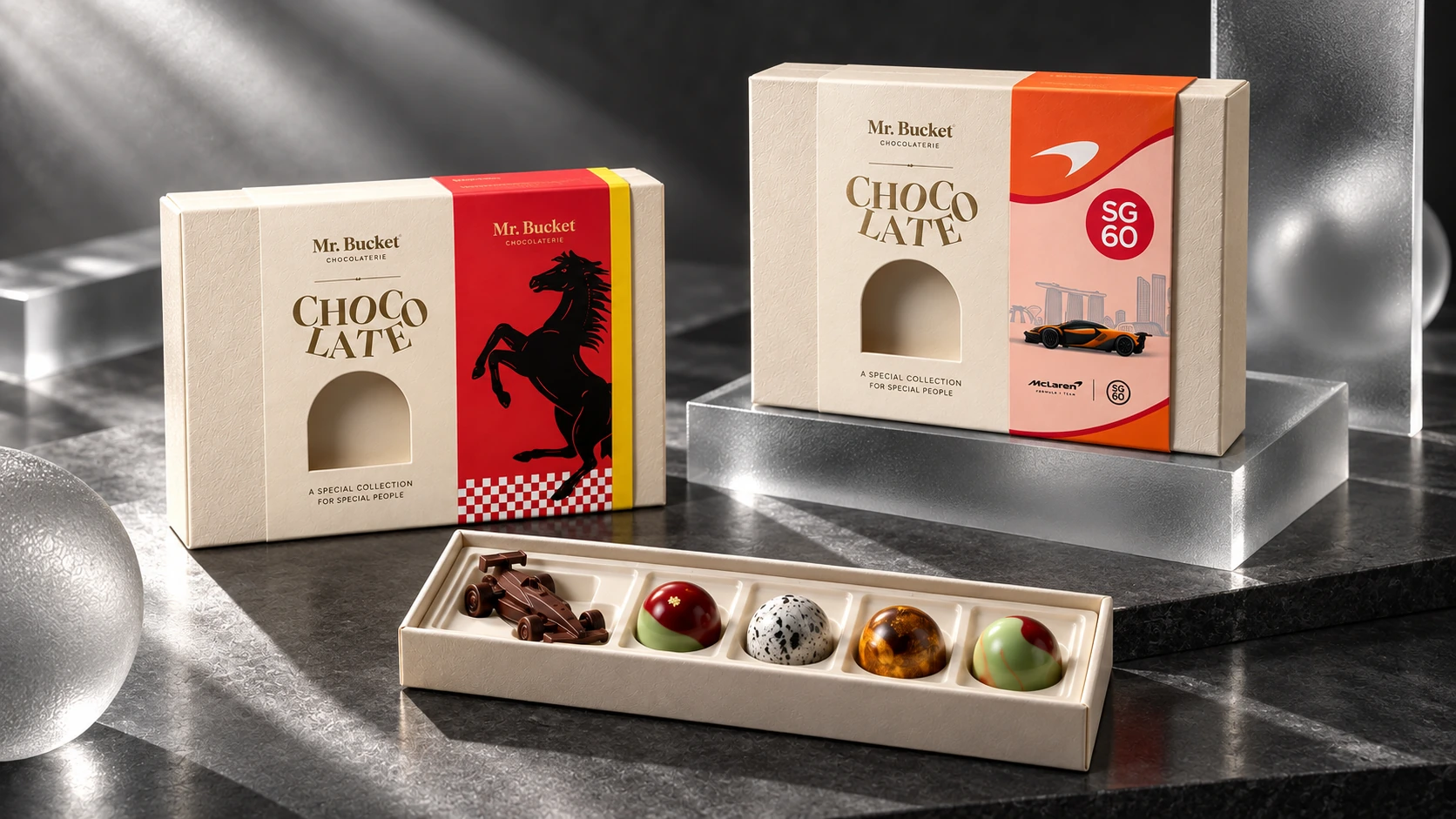 Seasonal chocolate sleeves, gift boxes and bon bons on glass display blocks.
