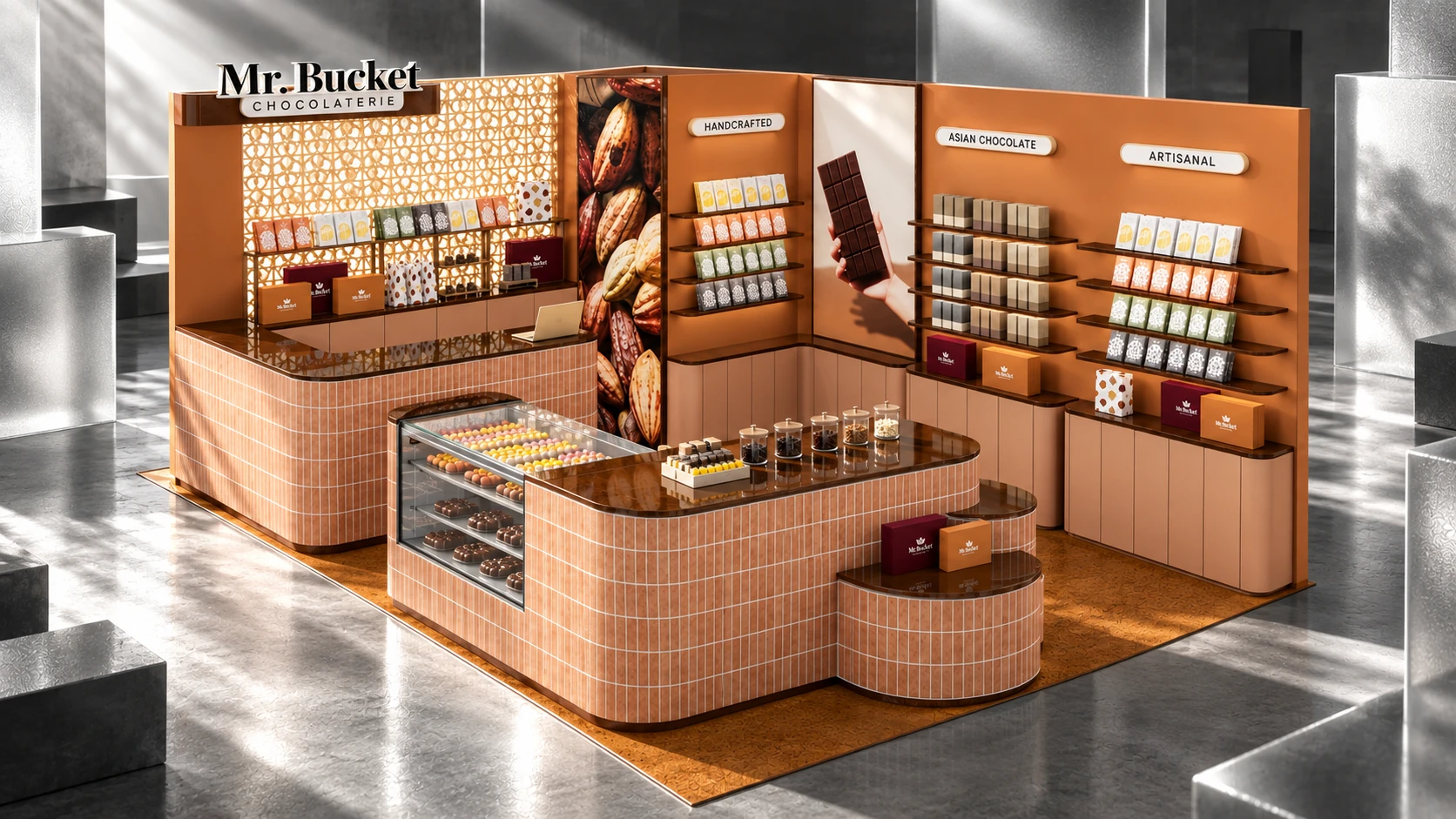 Terracotta-tiled Mr. Bucket booth with product shelving and a central tasting counter.