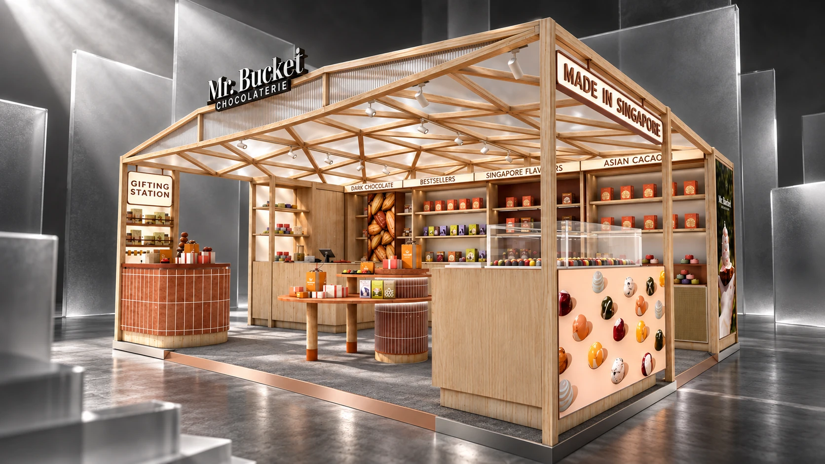 Open Mr. Bucket timber pavilion booth with gifting displays and chocolate counters.