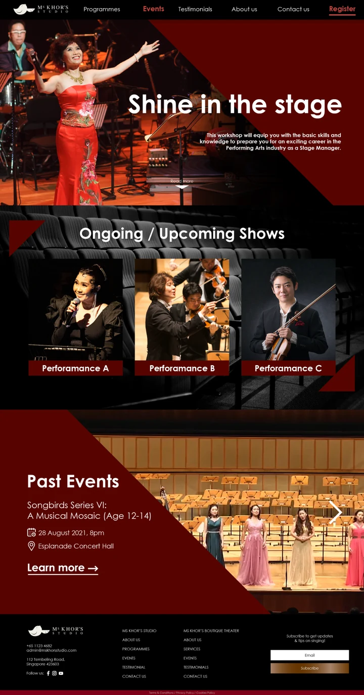 The theatre events page featuring a performer in a red dress and dramatic performance imagery.