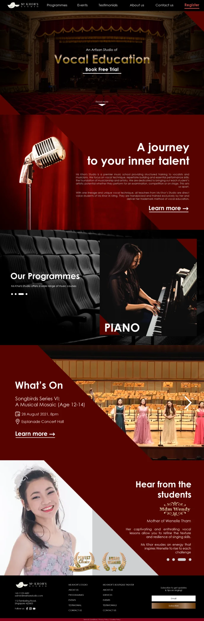 The boutique theatre homepage with deep red graphics, a black background and stage photography.