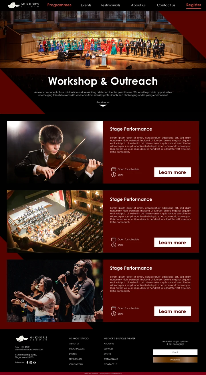 Workshop and outreach sections in the red and black boutique theatre website design.