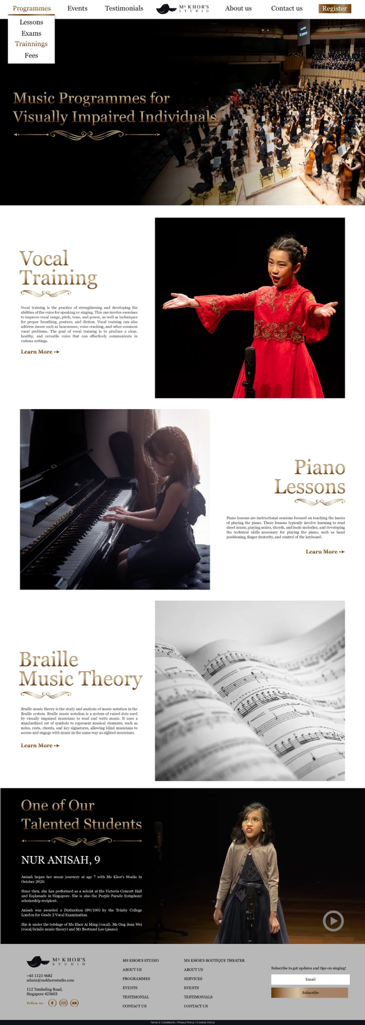Vocal training and piano lesson programme sections in the studio’s light website design.