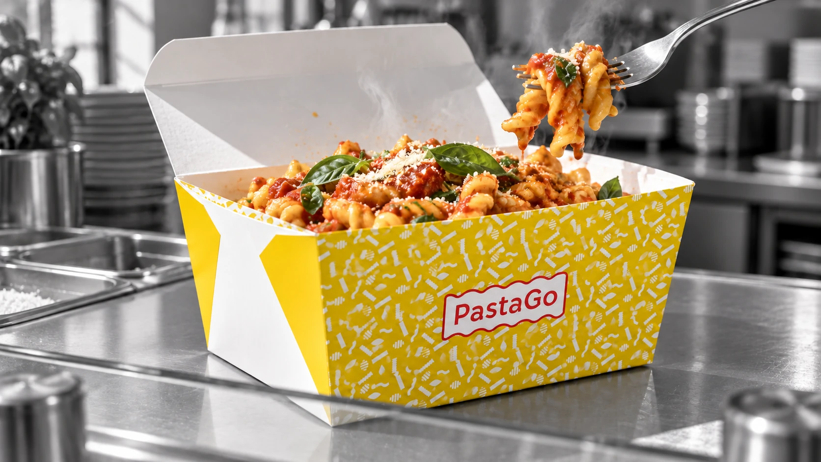Fresh pasta in a yellow PastaGo takeaway carton on a monochrome stainless-steel kitchen counter.