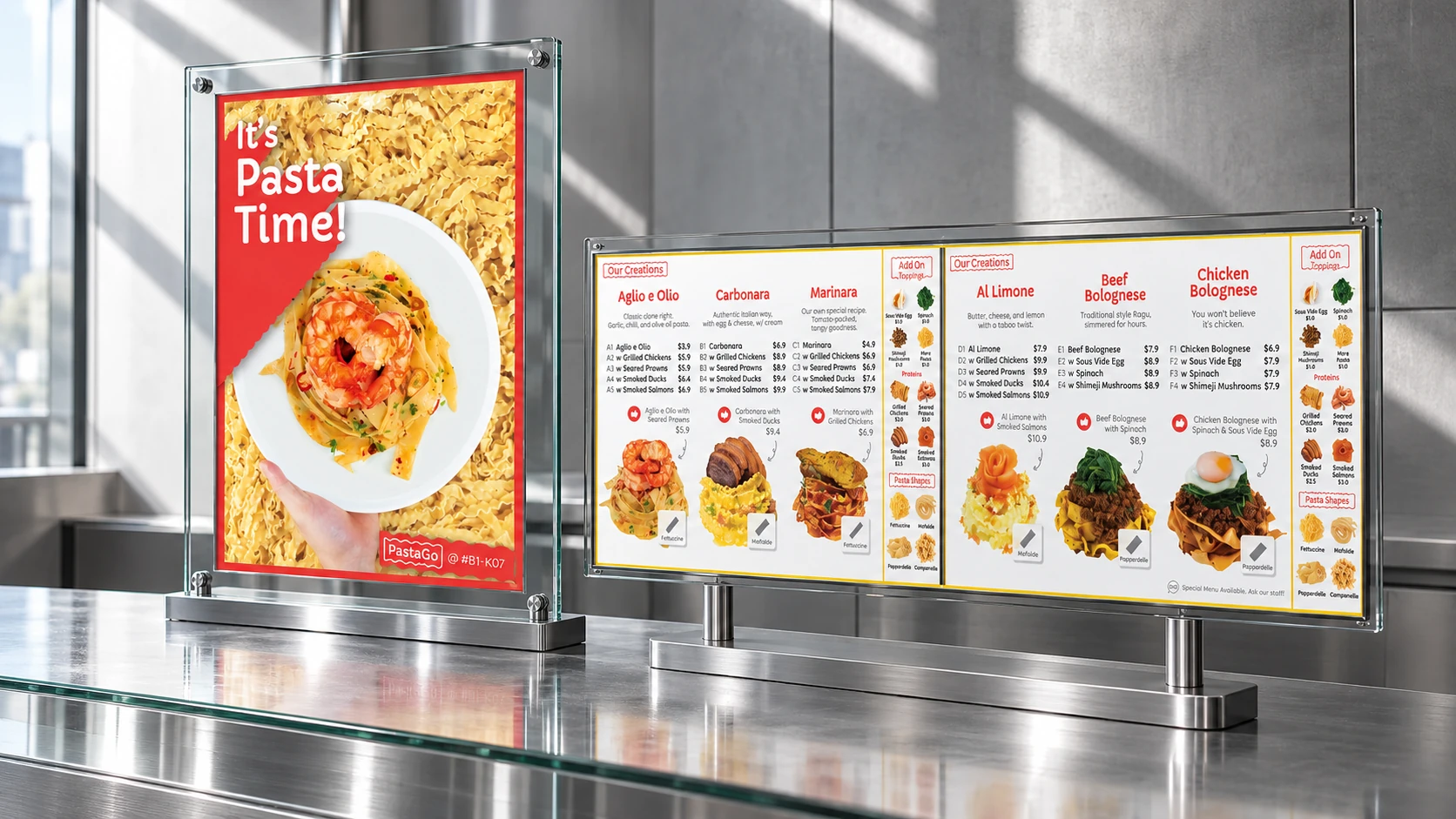 A PastaGo campaign poster alongside a wide food menu, displayed in glass panels.