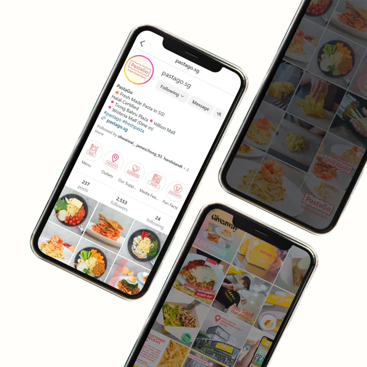 PastaGo social content displayed across three phones.