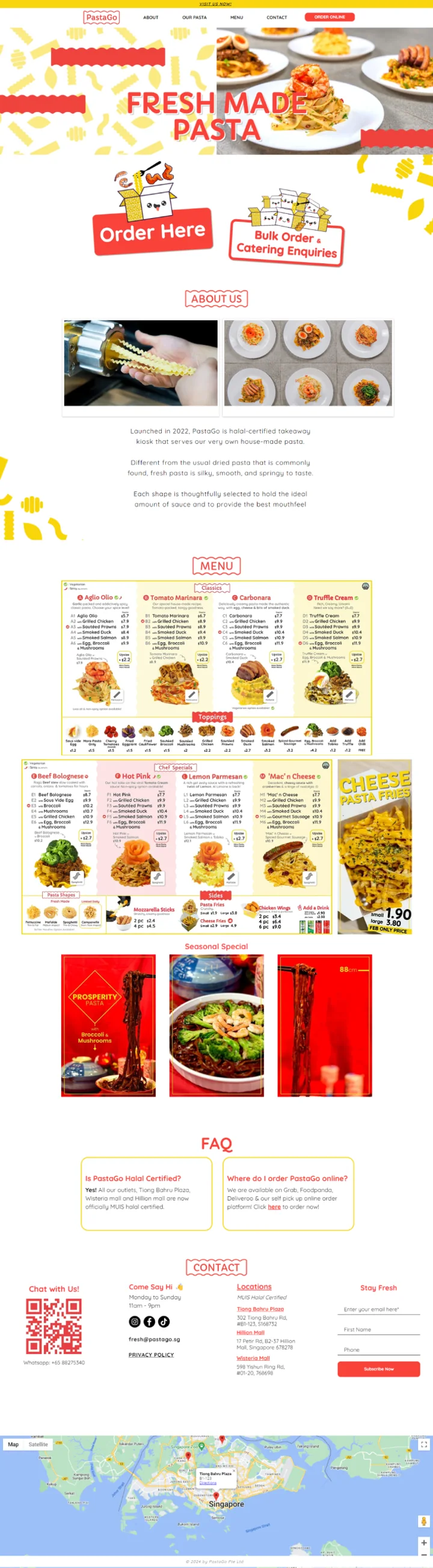 Full PastaGo website design with food imagery, ordering sections and menu content.