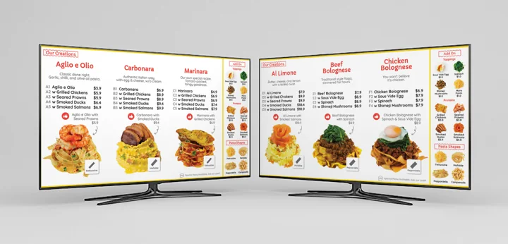 PastaGo menu boards with dish photography and product categories.