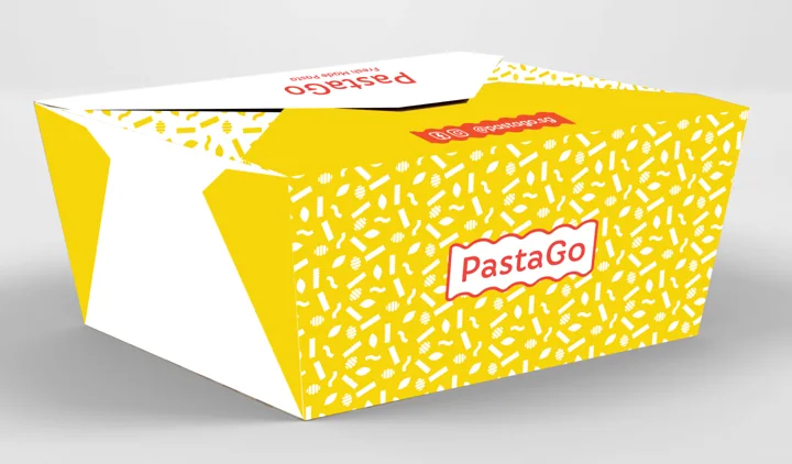 Yellow PastaGo takeaway carton with a white pasta pattern.