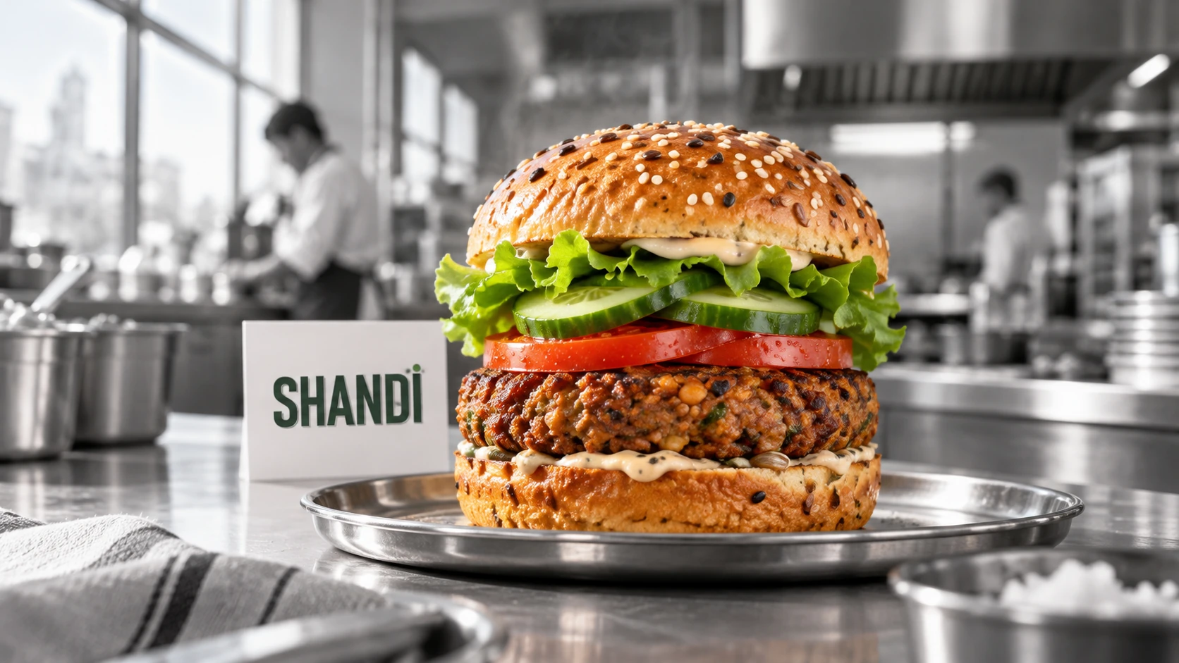 A colourful plant-based burger beside a Shandi brand card in a monochrome food-development kitchen.