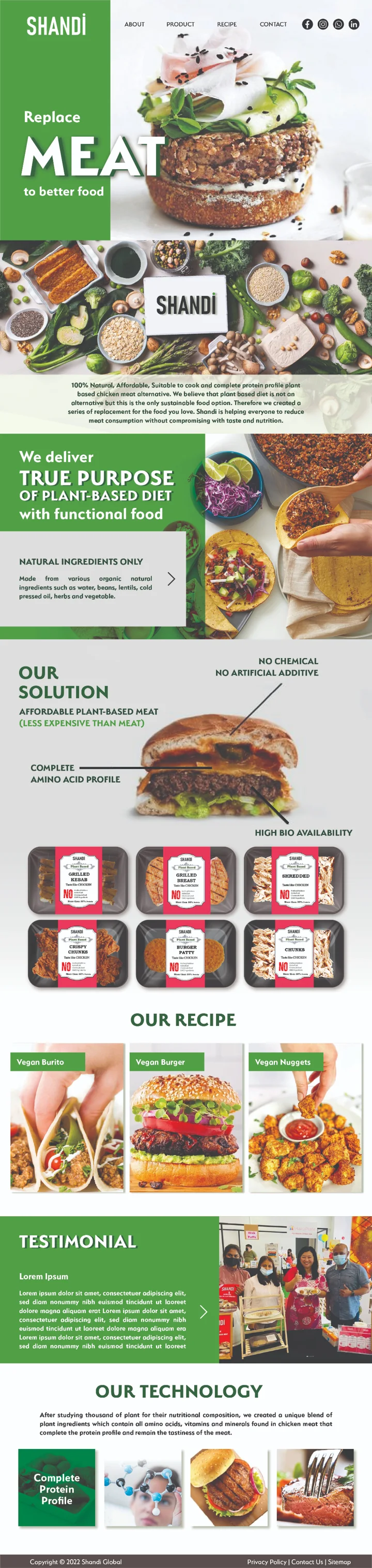 Full Shandi website design with green brand accents and plant-based food imagery.