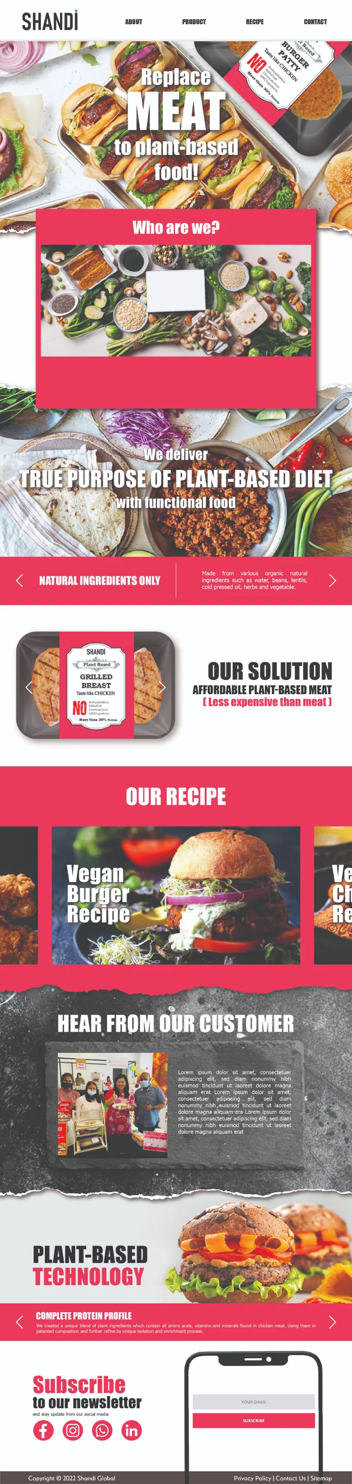 Full Shandi website design with light backgrounds and red headings.